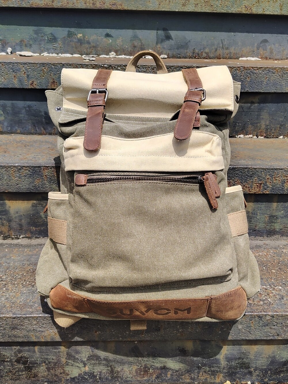 SUVOM Men’s Vintage Style Leather Backpack Tan Canvas Bookbag Laptop Bag